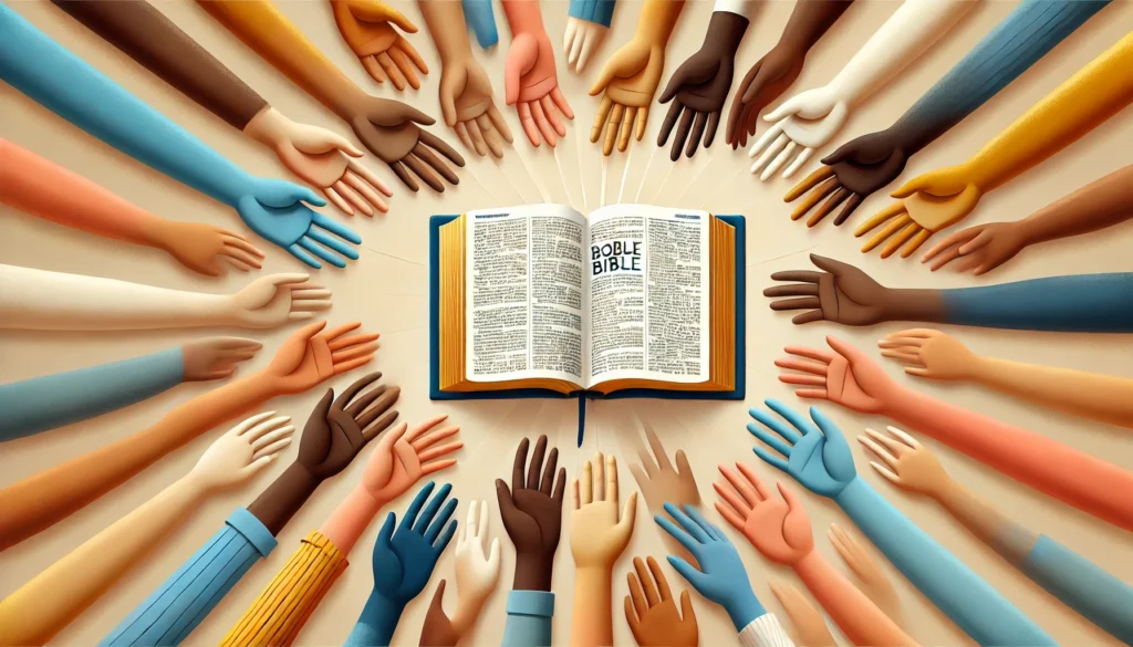 Diverse Hands Reaching Towards an Open Bible