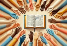 Diverse Hands Reaching Towards an Open Bible