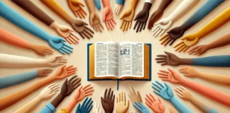 Diverse Hands Reaching Towards an Open Bible
