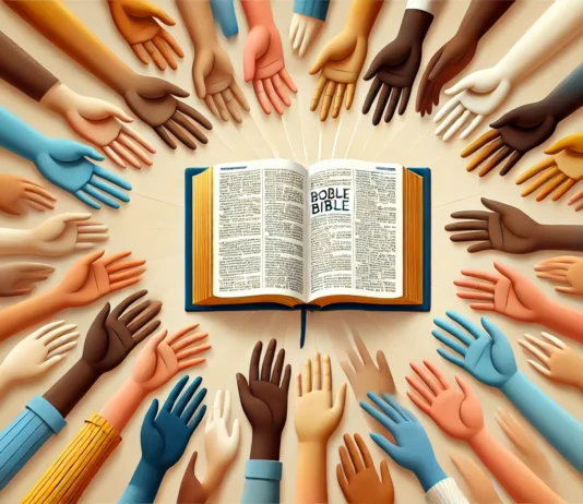 Diverse Hands Reaching Towards an Open Bible