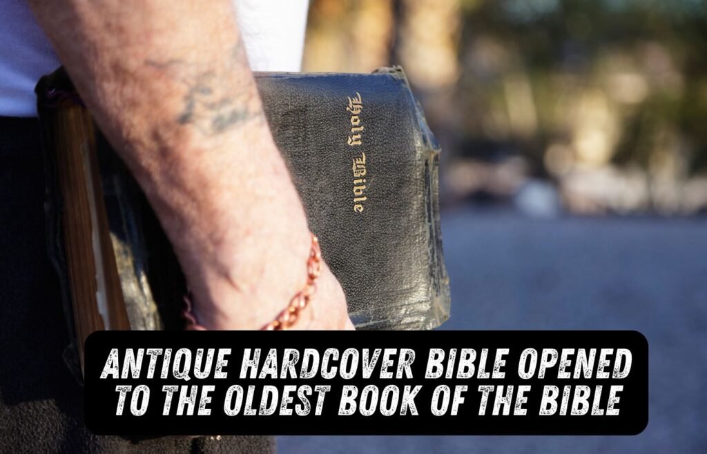 Antique Hardcover Bible Opened to the Oldest Book of the Bible