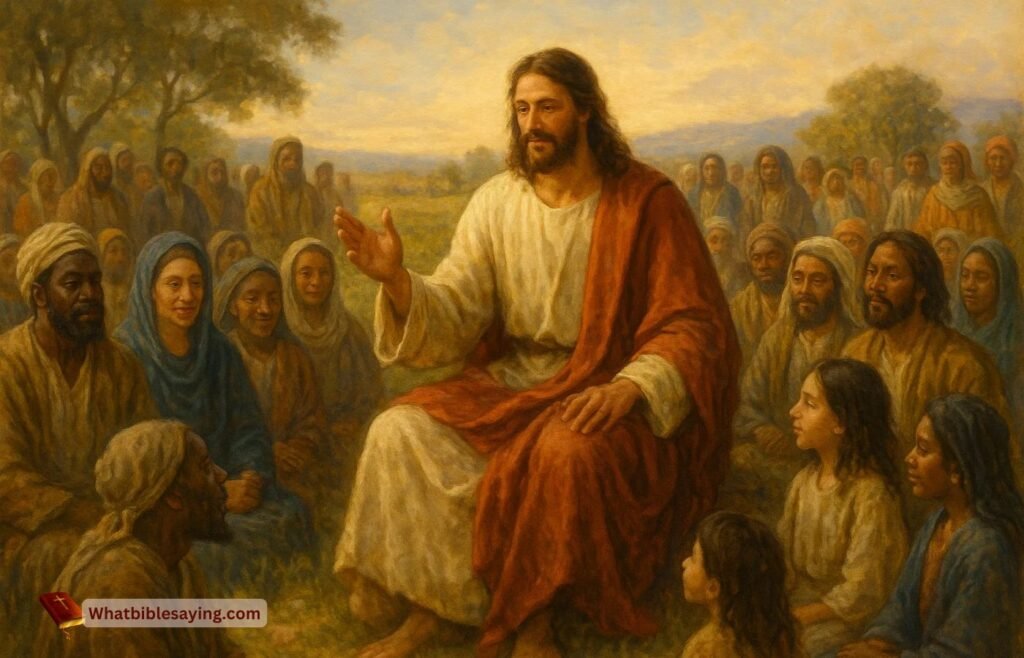 Jesus teaching love to people from all walks of life in a peaceful outdoor setting.