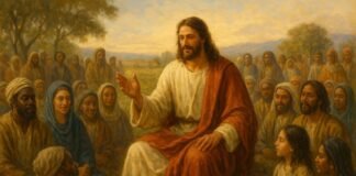 Jesus teaching love to people from all walks of life in a peaceful outdoor setting.