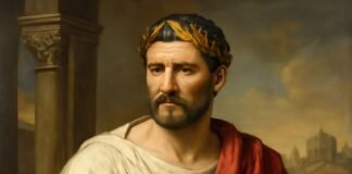 Pontius Pilate, the Roman governor, dressed in a white tunic with a red cloak, wearing a golden laurel wreath, and gazing solemnly, set against a classical architectural backdrop.