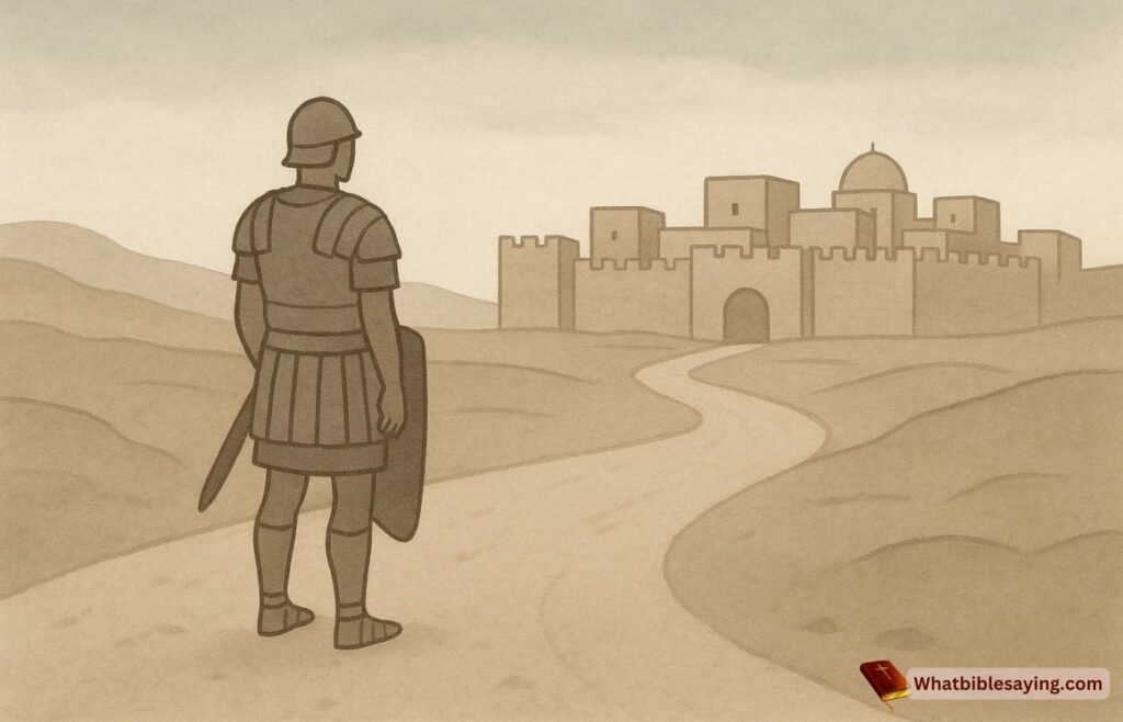 Fictional Roman soldier observing from afar outside ancient Jerusalem