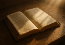Ancient Bible open with light showing the call to do good