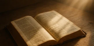 Ancient Bible open with light showing the call to do good