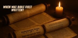 Ancient Bible scrolls and manuscripts showing first written origins