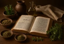 What Does The Bible Say About Medicines and Healing Ancient herbs and a Bible showing what Scripture says about medicines
