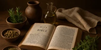 Ancient herbs and a Bible showing what Scripture says about medicines
