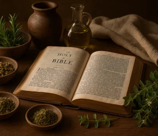 Ancient herbs and a Bible showing what Scripture says about medicines