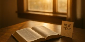 Open Bible with new year verses symbolizing seasons of faith and hope