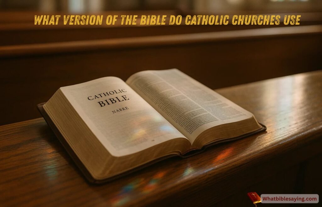 A Catholic Bible on a wooden pew with soft morning light 