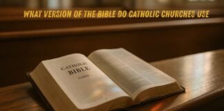 A Catholic Bible on a wooden pew with soft morning light