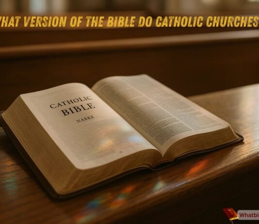 What Version Of The Bible Do Catholic Churches Use A Catholic Bible on a wooden pew with soft morning light