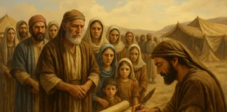 Biblical census illustration showing ancient Israelites being counted