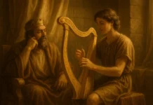 What Instrument Did David Play in the Bible? David playing the harp before King Saul in the Bible story
