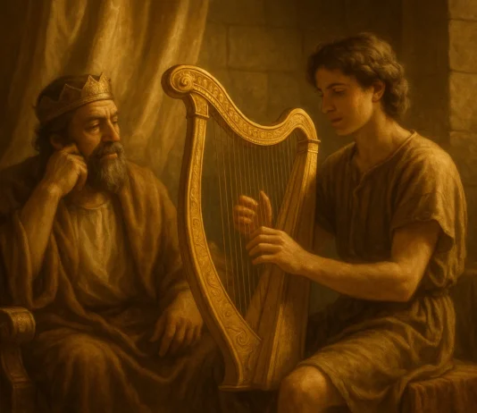 What Instrument Did David Play in the Bible? David playing the harp before King Saul in the Bible story
