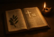 Ancient Bible open with symbols showing the connection of faith and works.