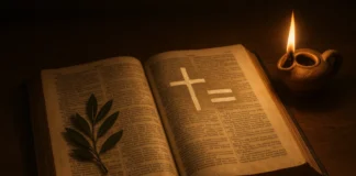 Ancient Bible open with symbols showing the connection of faith and works.