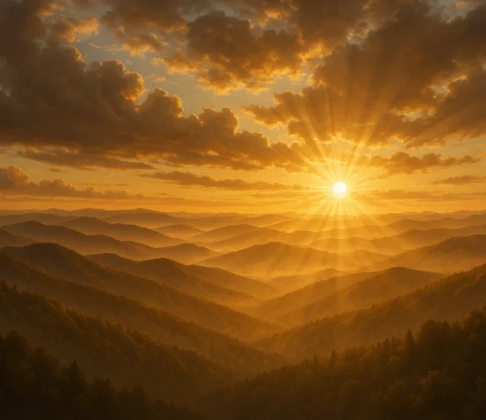 Peaceful sunrise over mountains symbolizing the goodness of God in the Bible