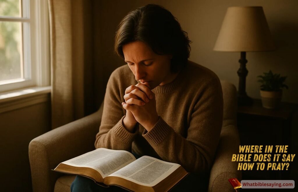 A person quietly praying with an open Bible in soft light