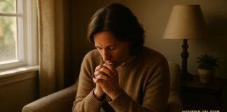 A person quietly praying with an open Bible in soft light