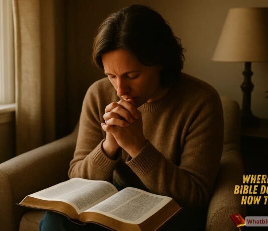 Where In The Bible Does It Say How To Pray? A person quietly praying with an open Bible in soft light