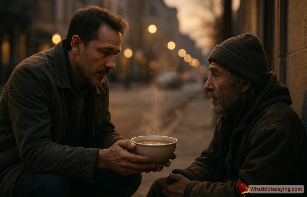 Man offering warm food to a poor hungry person with kindness 
