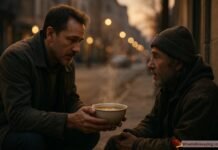 When I Was Hungry You Fed Me Catholic Bible – Matthew 25:40 Meaning Man offering warm food to a poor hungry person with kindness