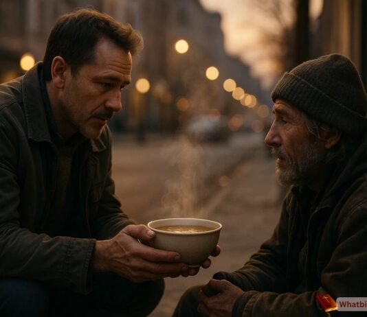 When I Was Hungry You Fed Me Catholic Bible – Matthew 25:40 Meaning Man offering warm food to a poor hungry person with kindness