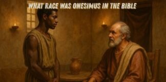 Biblical painting of Onesimus with Philemon in early church setting