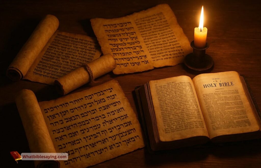 Ancient Hebrew and Greek Bible scrolls on wooden table