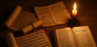 Ancient Hebrew and Greek Bible scrolls on wooden table