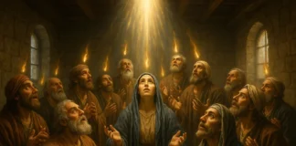 Disciples gathered as the Holy Spirit descends on Pentecost day