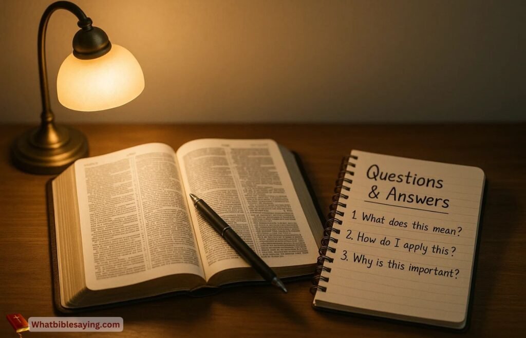 Open Bible and question-filled notepad on a peaceful desk, symbolizing Bible Q&A service and personal study on WhatBibleSaying.com