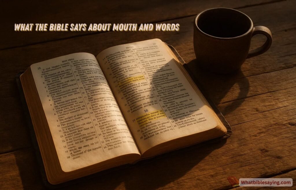 What The Bible Says About Mouth and Words 1 A Bible open with sunlight showing verses about speech and words