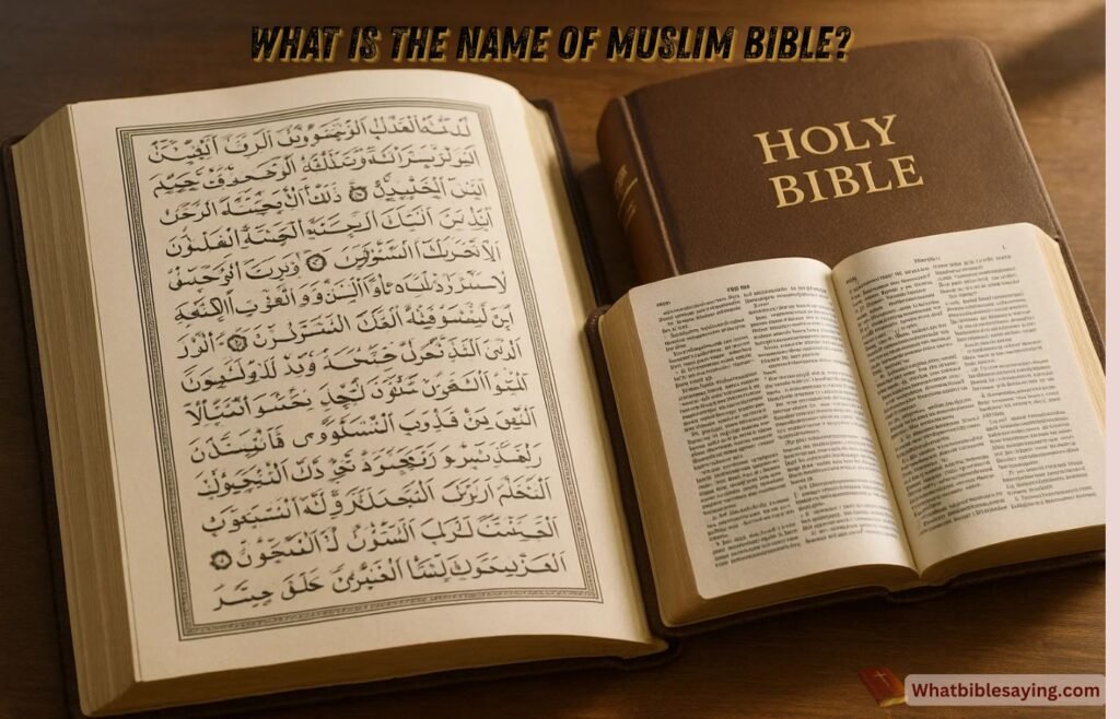 What Is the Name of Muslim Bible? Clear Answer 1 Muslim holy book Qur’an with open Bible showing comparison
