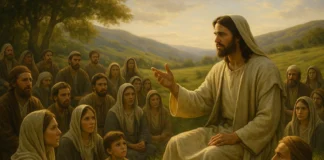 Jesus teaching the Golden Rule from the Bible with disciples listening