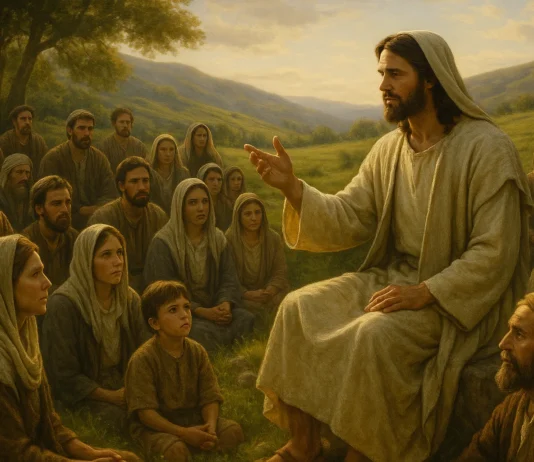 Jesus teaching the Golden Rule from the Bible with disciples listening
