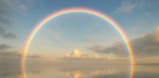 A rainbow shining over calm waters symbolizing God’s covenant promise in the Bible