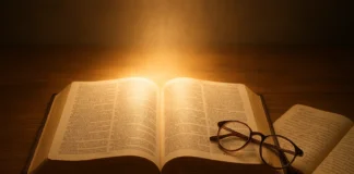 Faith and Knowledge study with open Bible and glowing light