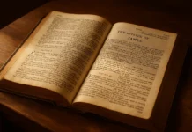 Open KJV Bible showing verses about pure religion and true devotion.