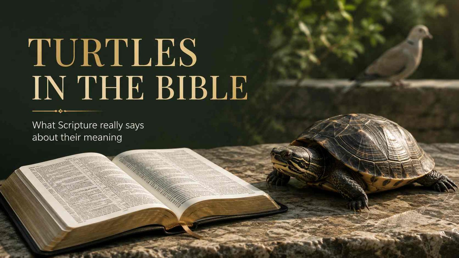 A turtle beside an open Bible reflects the search for its true biblical meaning and symbolism.