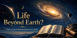 What Does Bible Say About Life On Other Planets and Space? Open Bible beneath stars about life on other planets