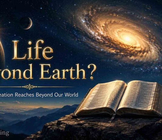 Open Bible beneath stars about life on other planets