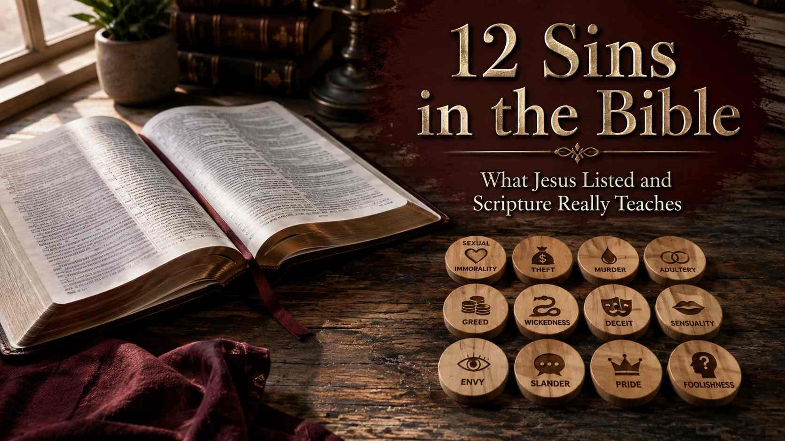 What are the 12 sins in the Bible shown through an open Bible