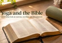 What Does the Bible Say About Yoga KJV? Can Christians Practice It? An open KJV Bible beside a yoga mat, symbolizing Christian discernment about yoga and faith.