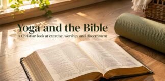 An open KJV Bible beside a yoga mat, symbolizing Christian discernment about yoga and faith.