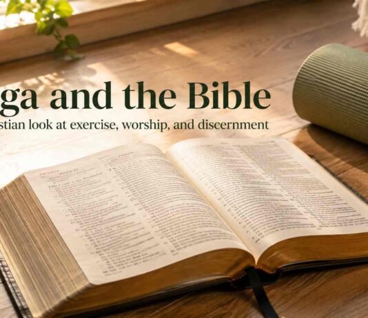 An open KJV Bible beside a yoga mat, symbolizing Christian discernment about yoga and faith.